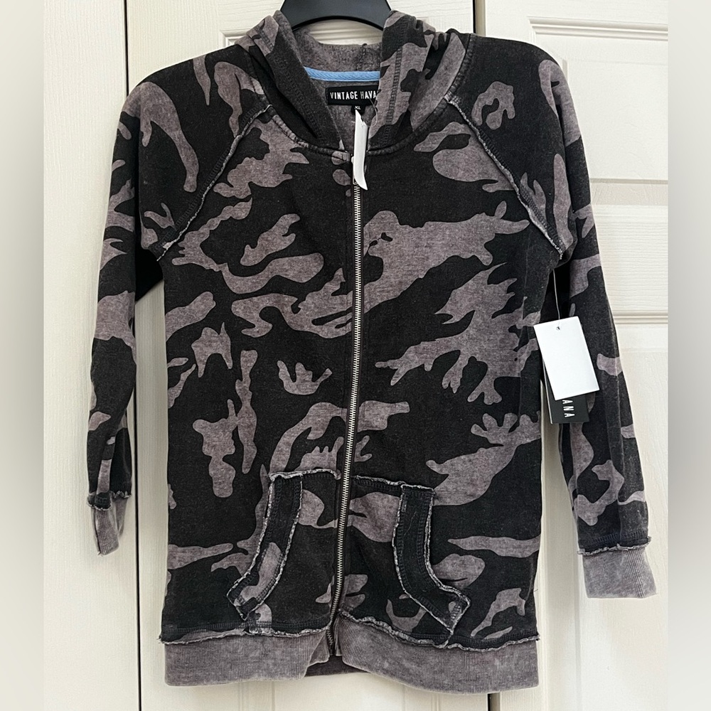 NWT - Vintage Havana - Grey Camo Zippered Hoodie Sweatshirt - Girls XL